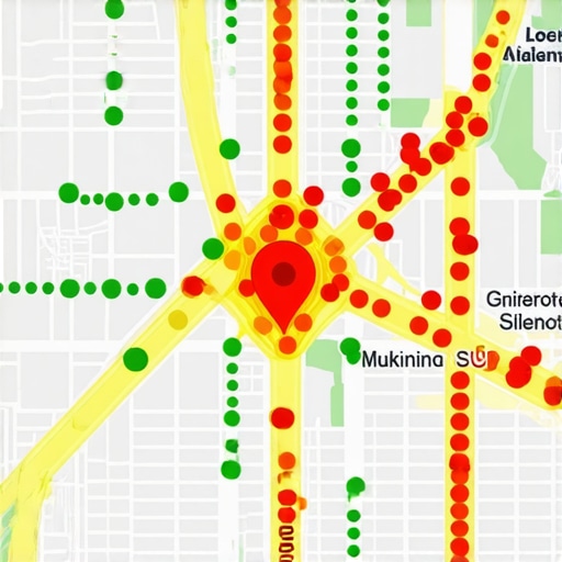 A digital heatmap showing street-level local search ranking performance for a small business.
