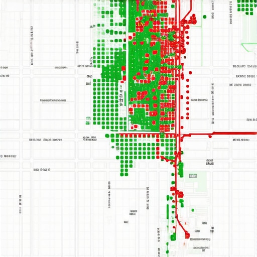 A heatmap showing local ranking positions across a neighborhood grid for SEO analysis.