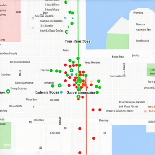 A heatmap showing local search engine ranking proximity for a business.