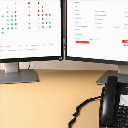 A dual monitor showing local SEO grid rankings next to a business desk phone