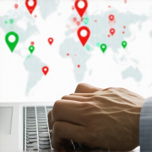 Hands on a laptop showing a digital map with pin markers during a local search engine optimization process.