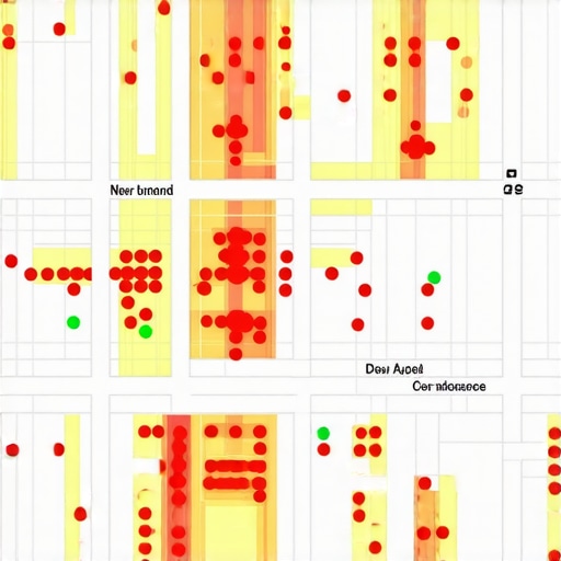 A map showing local SEO proximity grid with varying ranking positions by neighborhood.