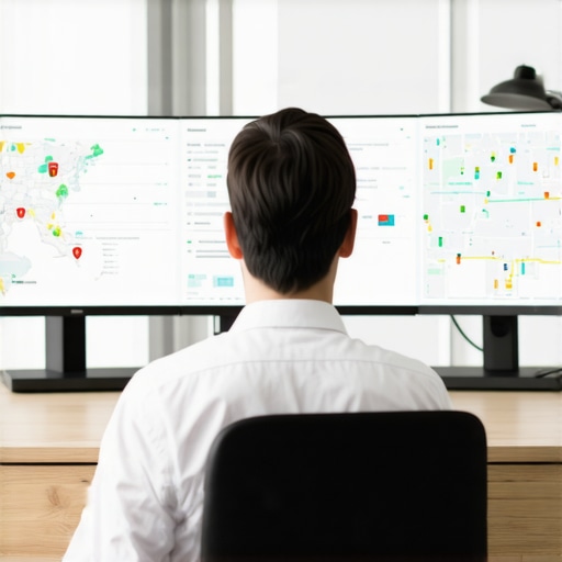 A business owner monitoring local SEO rank tracking software and maps analytics on a dual monitor setup.