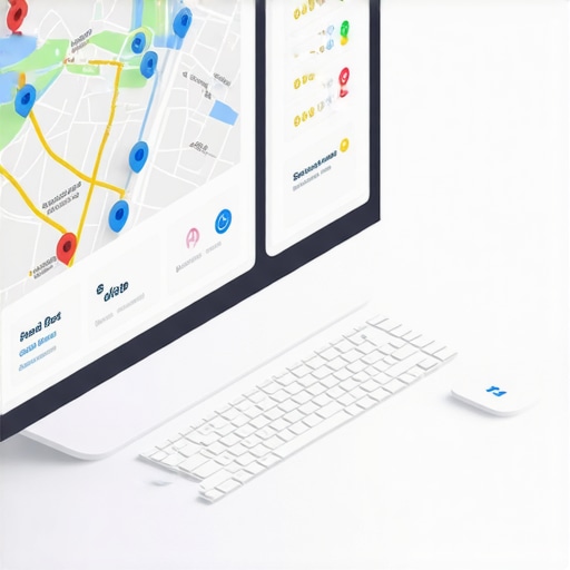 Managing Local SEO at Scale with Advanced Dashboards An isometric dashboard visualization showing maps analytics and lead tracking for local businesses.