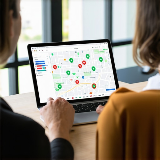 A professional business owner analyzing a hyper-local grid-based ranking report on a tablet to track map visibility.