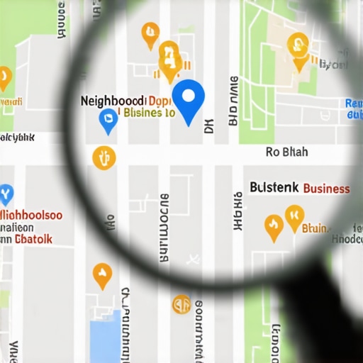 A digital map with a magnifying glass highlighting local business data points for SEO analysis.