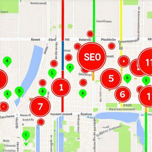 A digital map showing a grid of search rankings for a local business.