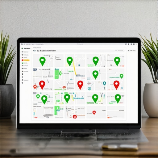Local SEO rank tracker grid showing ranking pins on a city map