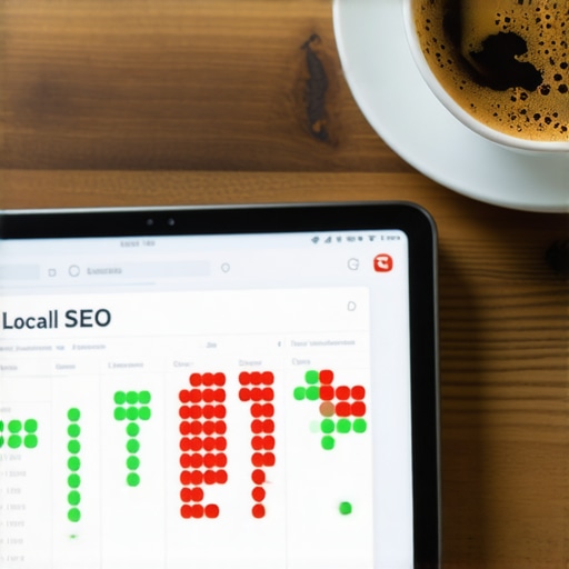 A tablet displaying a local SEO rank tracker grid showing proximity rankings.