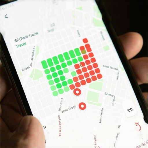 A smartphone screen showing a local search grid heatmap used for tracking map rankings