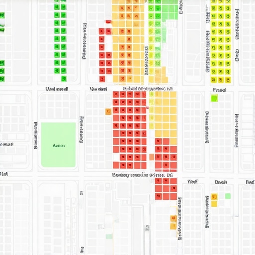 A heatmap grid showing local search ranking performance across a city map.
