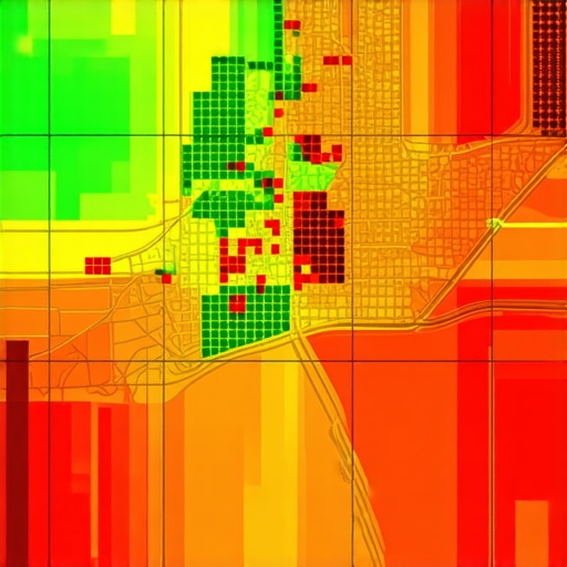 A heatmap showing how local rankings change from block to block in a city center.